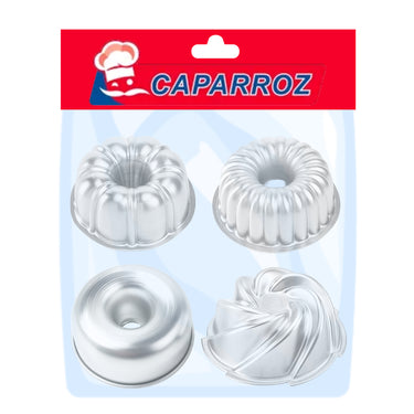 Mini Decorative Aluminum Cake Pans – 4 Assorted Designs (3.5 x 1.6 in) 9 x 4 cm – Caparroz – Set of 4